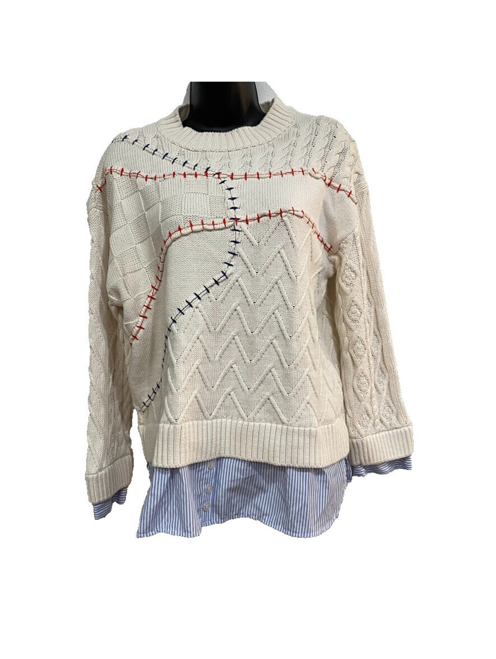 Anthropologie Size S PILCRO Cable Knit Twofer Sweater Ivory Boho Shirt Look